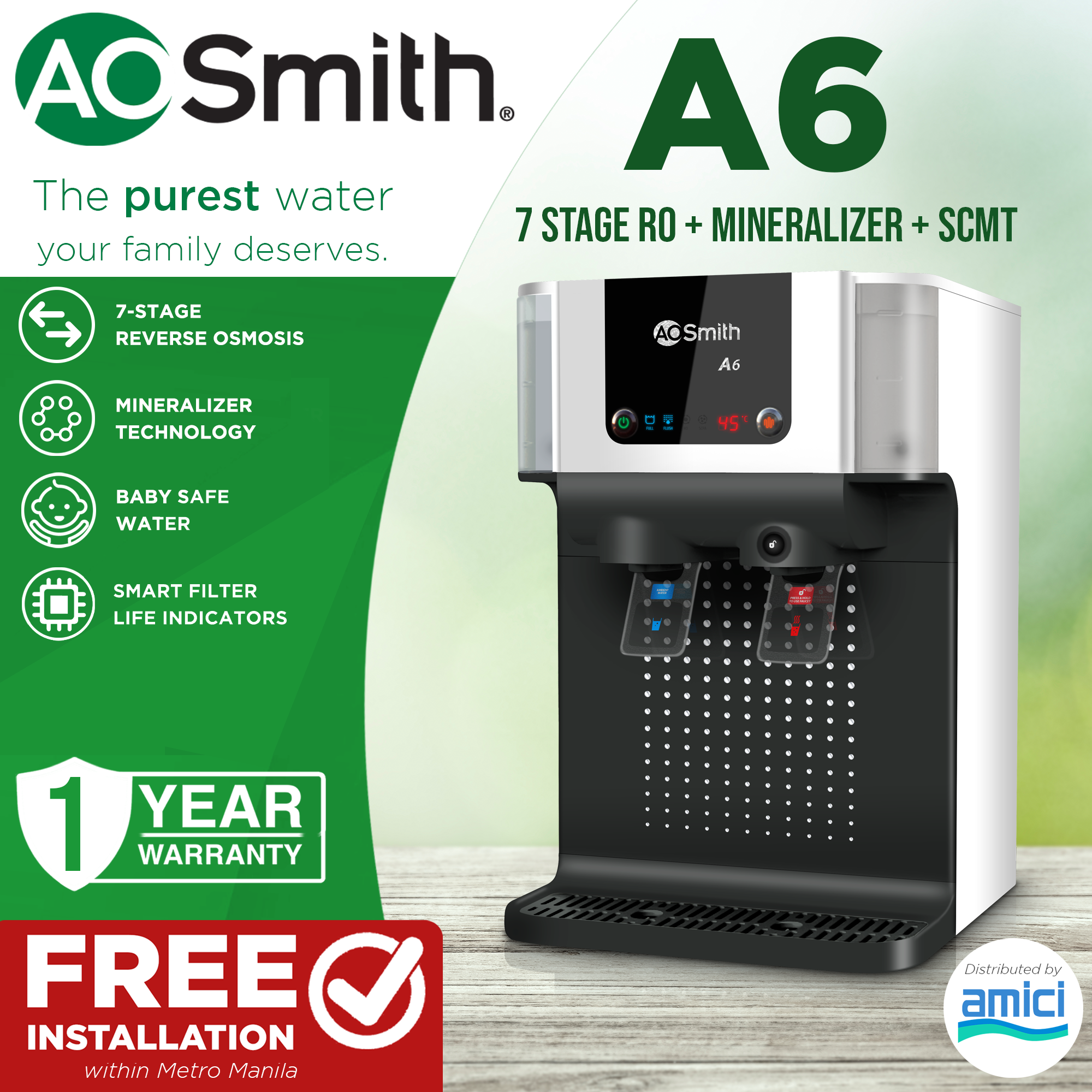 A. O. Smith A6 RO+SCMT Water Purifier, Reverse Osmosis + Mineraliser Technology, Ambient and Hot Water