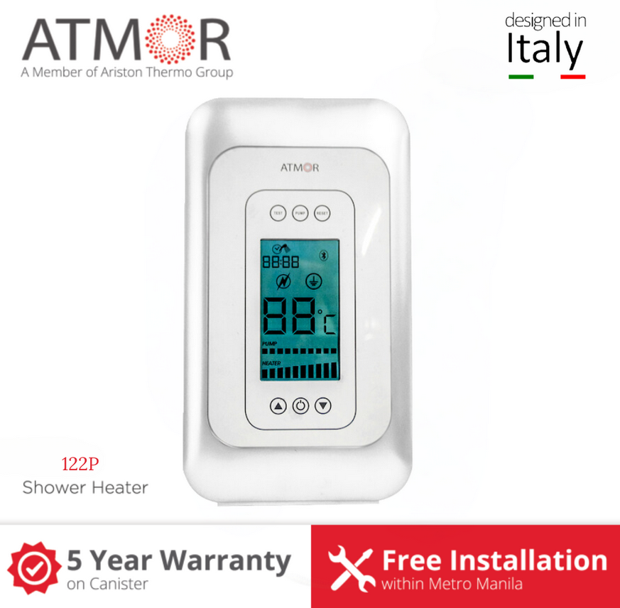 Atmor 122PV 3.5kW Electronic Instant Heater for Shower, Single Point, Thermostatic, with DC Pump and ELCB, Chrome Accessories