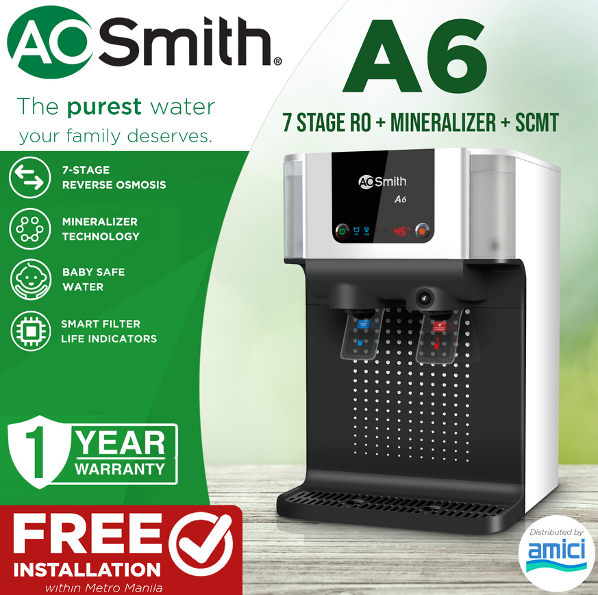 A. O. Smith A6 RO+SCMT Water Purifier, 7 Stages, Reverse Osmosis + Mineraliser, Ambient and Hot Water