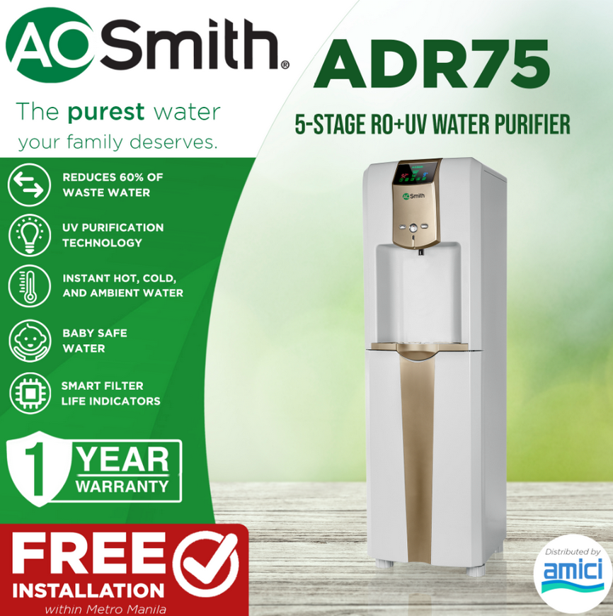 A.O. Smith ADR75-V-ET-1 RO+UV Water Purifier, Ambient/Hot/Cold Output, DOH/FDA Registered