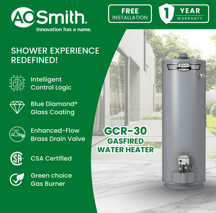 A. O. Smith GCR-30 Gas-Fired Storage Water Heater, Piezo Ignited, 30 Gallons