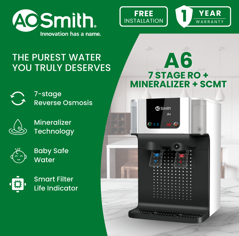 A. O. Smith A6 RO+SCMT Water Purifier, 7 Stage Reverse Osmosis + Mineraliser Technology, Ambient and Hot Water