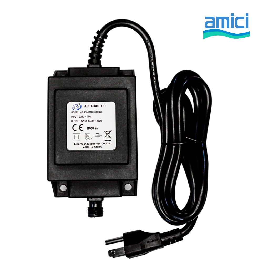 Transformer 100W for Pool Lights, Input: 220V AC 60Hz, Output: 12V AC 100W IP68 // Input cable: SJTW, 3 core, 1.83M, 3 pin plug / Output: a terminal block